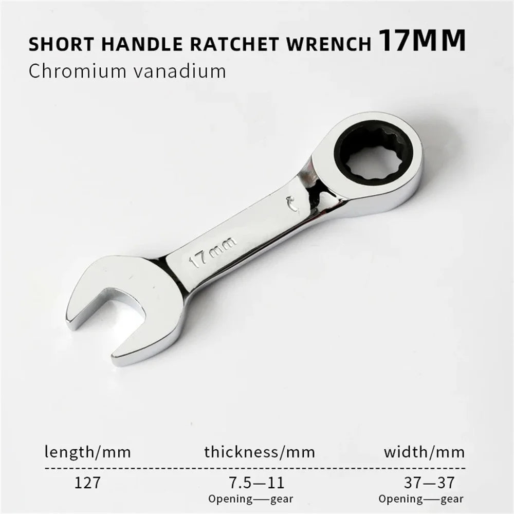1Set 6mm-19mm Reversible Combination Stubby Single Wrench Stubby Combination 72 Tooth Ratchet Socket Spanner Nut Repair Tools