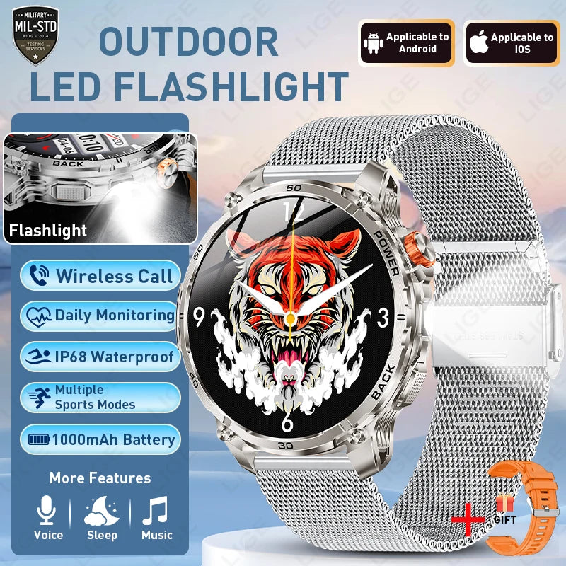 LIGE 2026 Nowy Wojskowy Smartwatch Męski Bateria 1000mAh Wodoodporny 5ATM GPS Rozmowy Bluetooth Wyświetlacz AMOLED Sportowy Smartwatch dla Mężczyzn