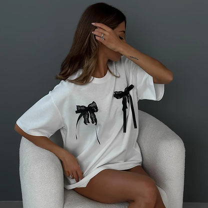 CGC Simple Style Casual Versatile Bow Short-Sleeved T-shirt For Women O-Neck Korean Fashion Female Clothing Y2K Tees Loose Tops