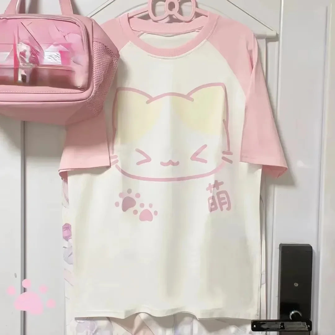 Aesthetics Japanese Grunge T-shirt Y2k Harajuku Anime Cartoon Cat Tops Tees Short Sleeve Women Kawaii Clothing Streetwear