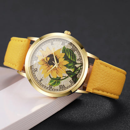 6PCS/Set Fashion Flower Dial Women Watches Leather Strap Quartz Watch Daisy Jewelry Set Reloj Mujer (Without Box)
