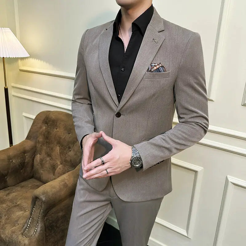 High quality Korean slim fit (suit + trousers) Fashion business handsome casual solid color wedding suit two-piece set