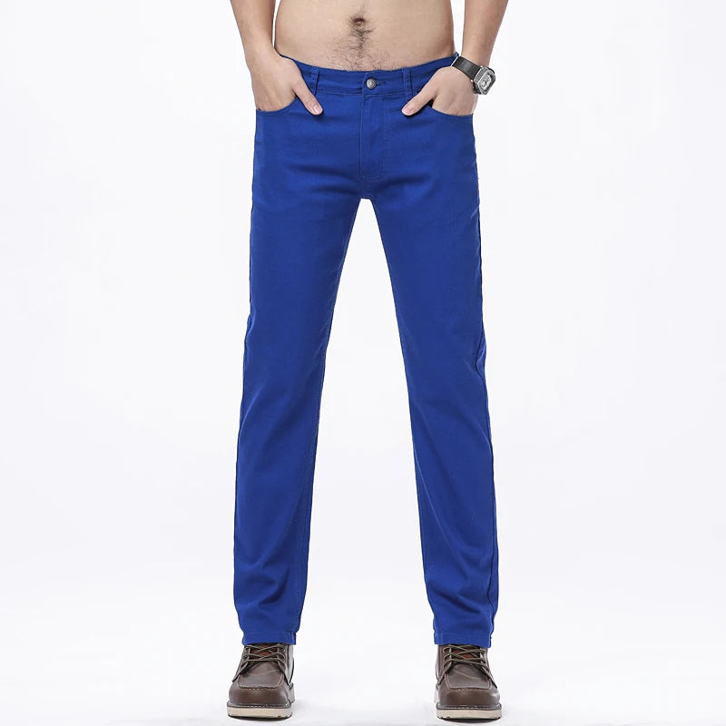 Men Classic Solid Color Fashion Jeans Business Casual Slim Fit Straight Elastic Pants Spring/Summer Thin Male High End Trousers