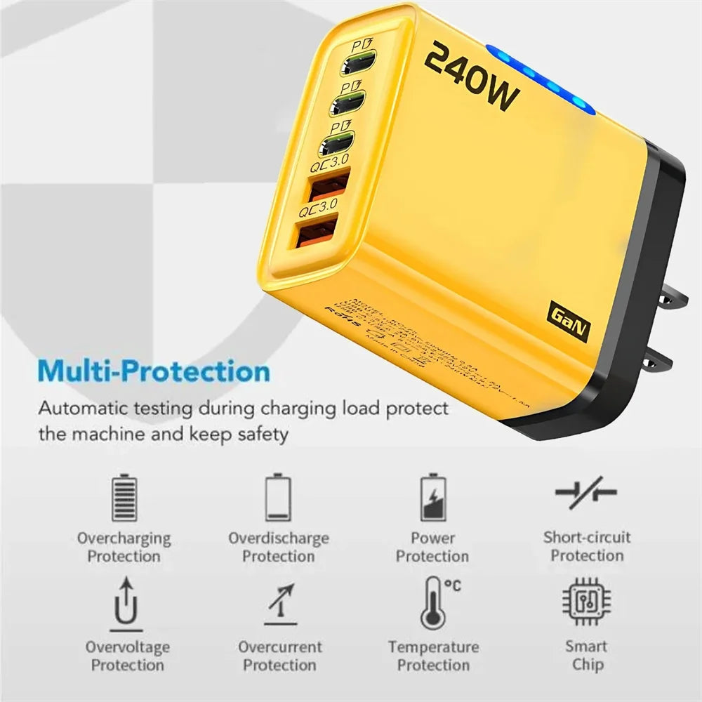 240W GaN 2USB+3Type C Desktop Phone Charger With LED Light Multi Ports Quick Charge 3.0 Adapter For iPhone Samsung Huawei Tablet