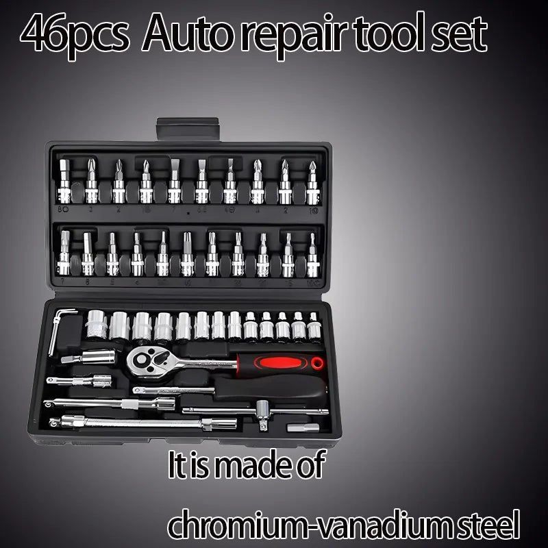46pcs Family Tools 1/4 Inch Drive Socket Ratchet Wrench Set Complete Car Repair Kit for Motorcycle and Bicycle Maintenance Tools