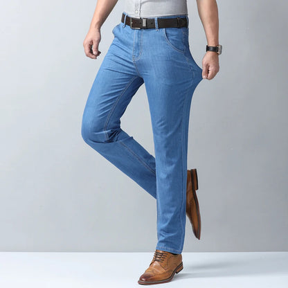 2026 New Spring Summer Ice Silk Thin Men's Light Blue Straight Slim Jeans Stylish Casual Stretch Denim Pants Classic Trousers 40