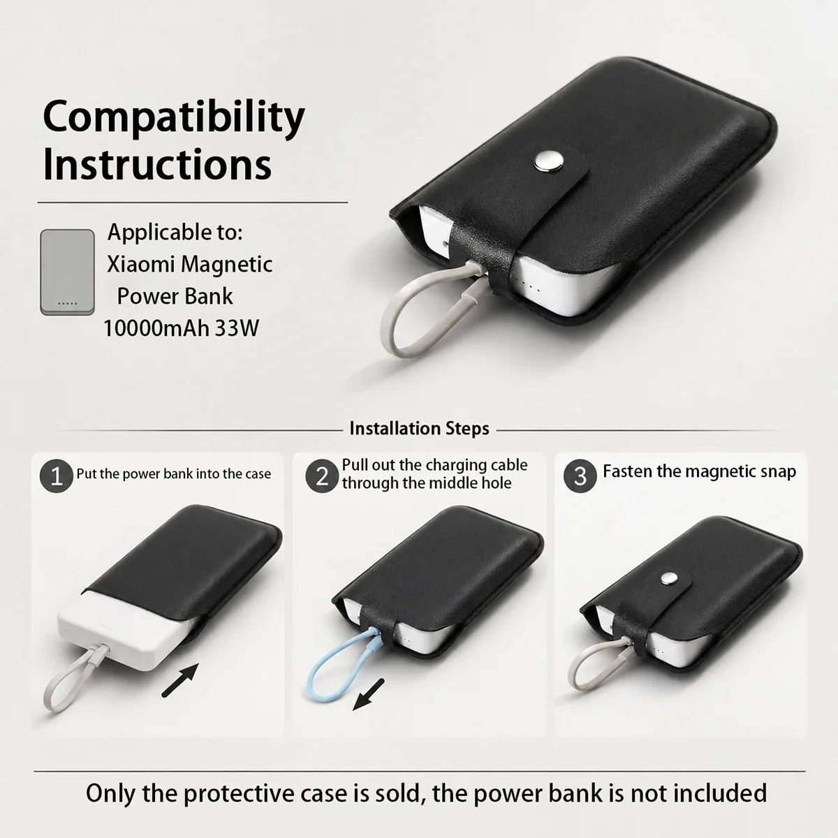 PU Leather Protective Case for Xiaomi 33W Magnetic Power Bank 10000mAh, Integrated Cable, Anti-Scratch Portable Storage Bag