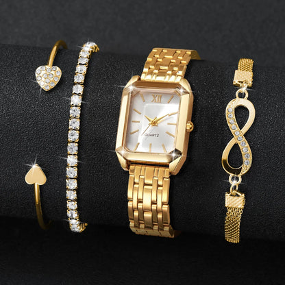 4PCS Elegant Rectangle Women Watch Rhinestone Bracelets Set Fashion Roma Dial Quartz Wristwatches Relogio Feminino (Without Box)