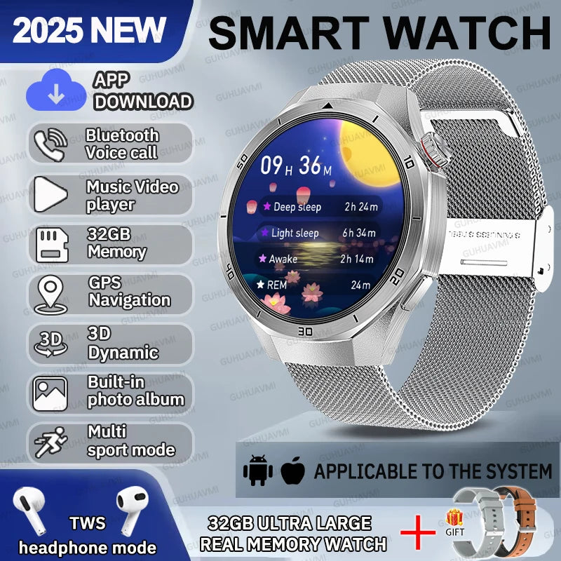 2025 NEW Fashion Men 32GB Big Memory SmartWatch APP Download TWS 3D Menu GPS Navigation Video Play Motion HD Call Watch GUHUAVMI