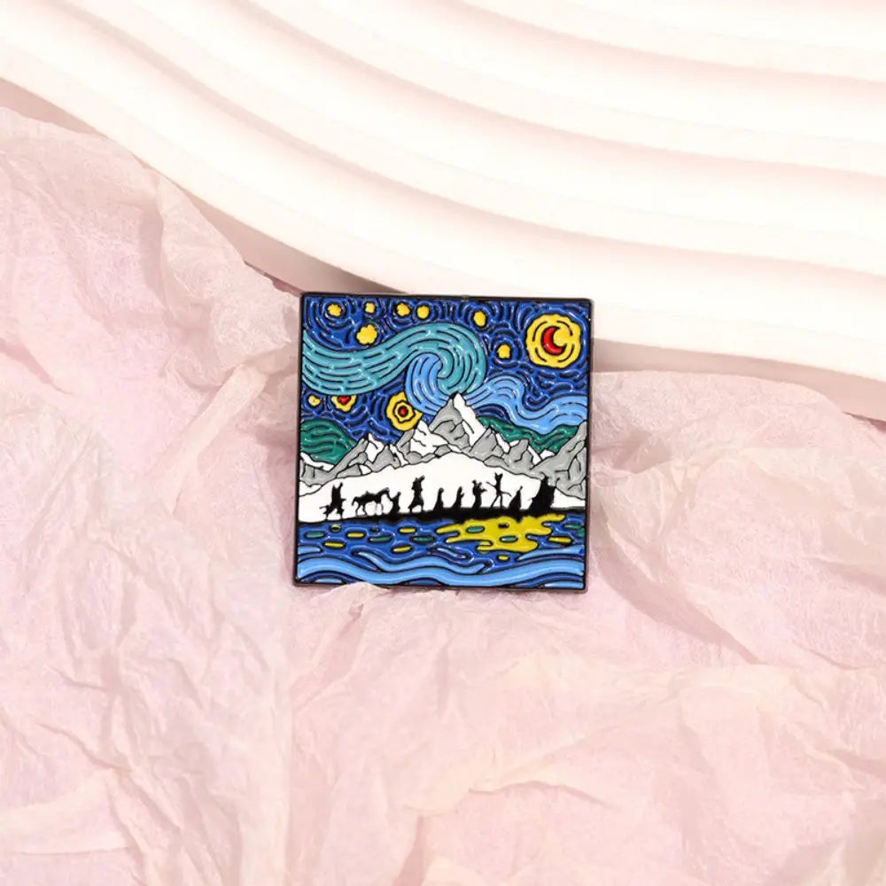 Blue Night Sky Oil Painting Enamel Pins Creative Cartoon Landscape Brooch Lapel Badges Animal Jewelry Gift for Friends