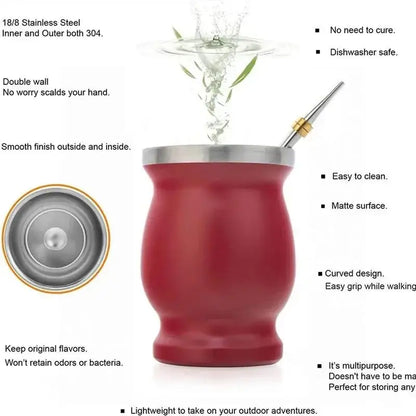 230ML Mate Cup 304 Stainless Steel Double Wall 8oz Portable Tea Mug Mate Tea Gourd With 2 In 1 Straw Spoon Give Cleaning Brush