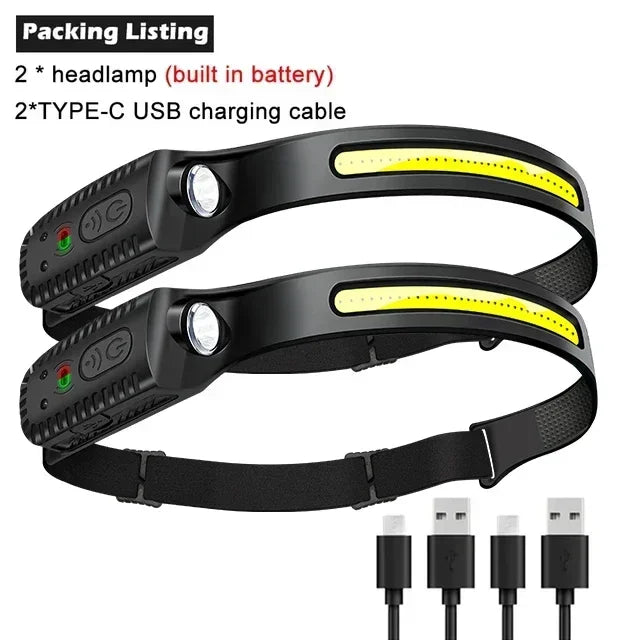 Indukcyjna latarka czołowa COB LED, ładowana przez USB, z wbudowanym akumulatorem, 5 trybów świecenia, lampka do użytku zewnętrznego, awaryjnego, wędkowania