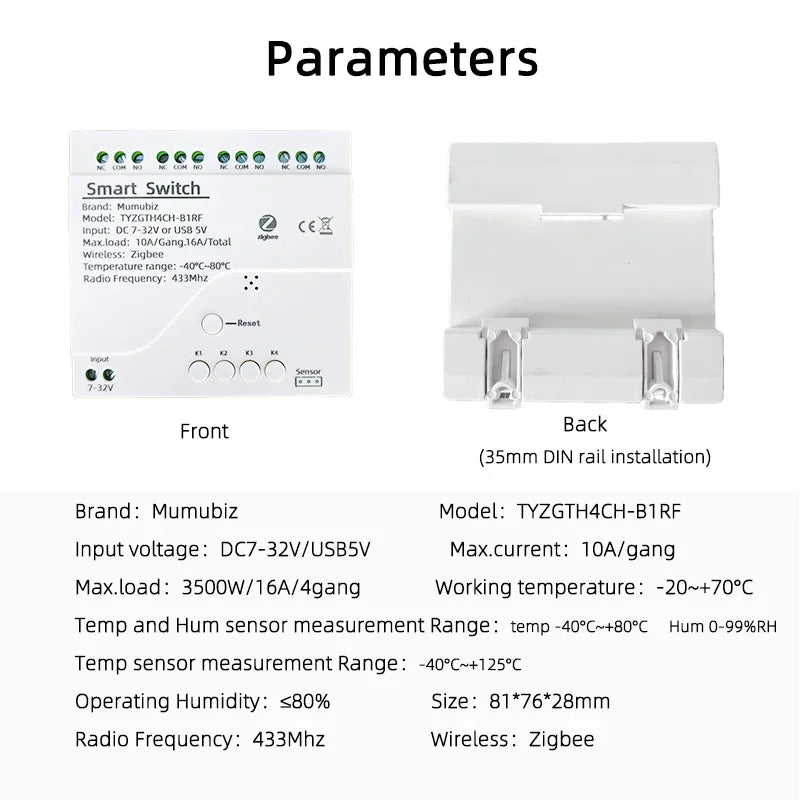 Tuya Zigbee 4 Gang Smart Switch with Temperature or Humidity Sensor Passive Dry Contact 32V 250V Switch Relay Alexa Compatible