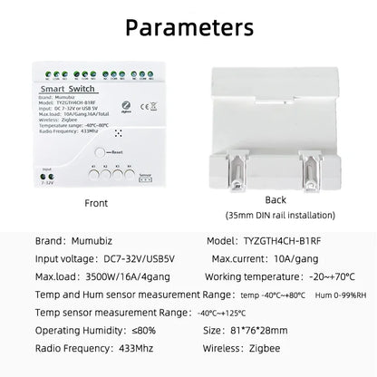 Tuya Zigbee 4 Gang Smart Switch with Temperature or Humidity Sensor Passive Dry Contact 32V 250V Switch Relay Alexa Compatible