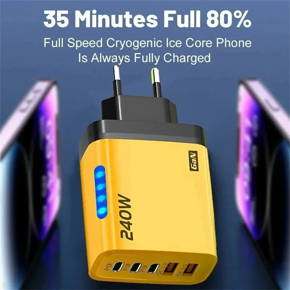 240W GaN 2USB+3Type C Desktop Phone Charger With LED Light Multi Ports Quick Charge 3.0 Adapter For iPhone Samsung Huawei Tablet