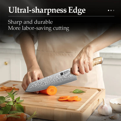 XINZUO Bunka Knife 8.3 Inches 67 Layers Damascus Steel Handcrafted Kitchen Tool Figured Sycamore Wood Handle High-end Gifts