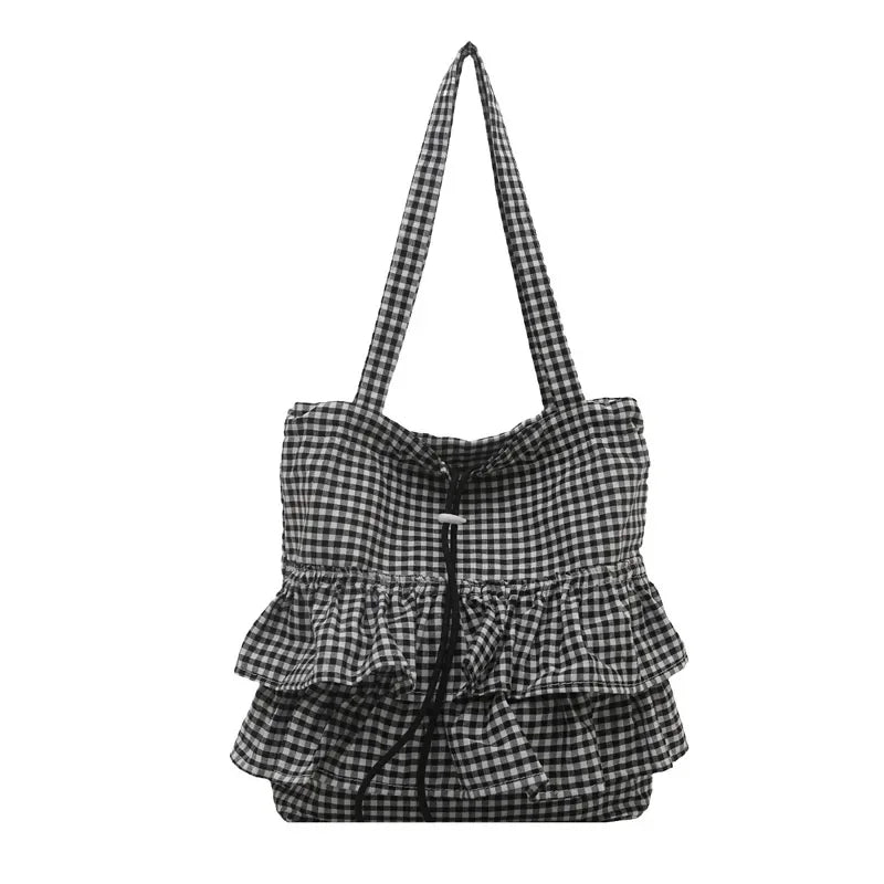 Cute Plaid Cotton Tote Bag Large Capaci Lace Trim Women's Summer 2026 Simple Lady Handbag Soft Shoulder Bags Bolsa Feminina