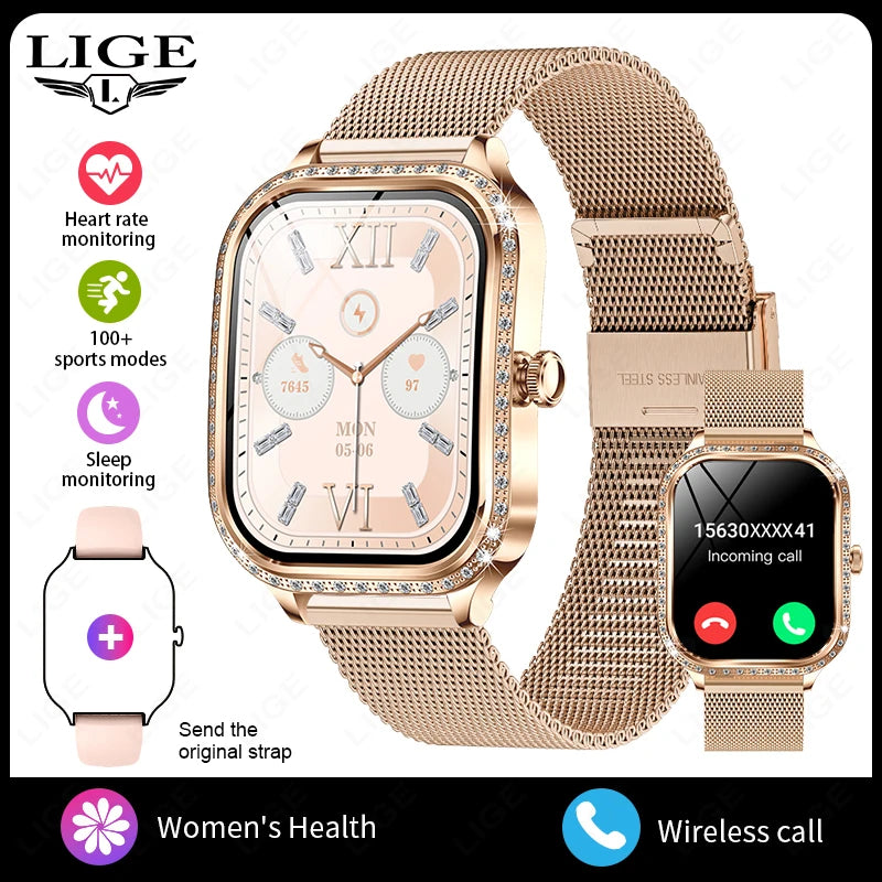 LIGE Fashion Design Women Smart Watch 1.75" Curved Screen Smartwatch Bluetooth Call Clock IP68 Waterproof Diamond Case Bracelet