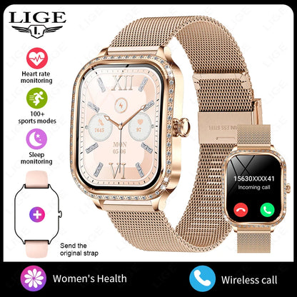 LIGE Fashion Design Women Smart Watch 1.75" Curved Screen Smartwatch Bluetooth Call Clock IP68 Waterproof Diamond Case Bracelet