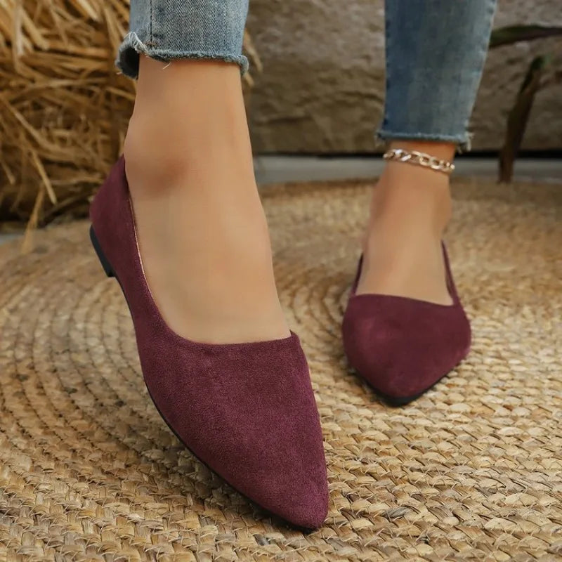 Women's Navy Blue Suede Pointed Toe Flat Shoes | Rhinestone Green Gem Decor Ballet Flats | Elegant Office Casual Shoes