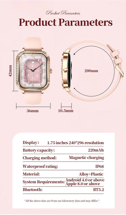 LIGE Fashion Design Women Smart Watch 1.75" Curved Screen Smartwatch Bluetooth Call Clock IP68 Waterproof Diamond Case Bracelet