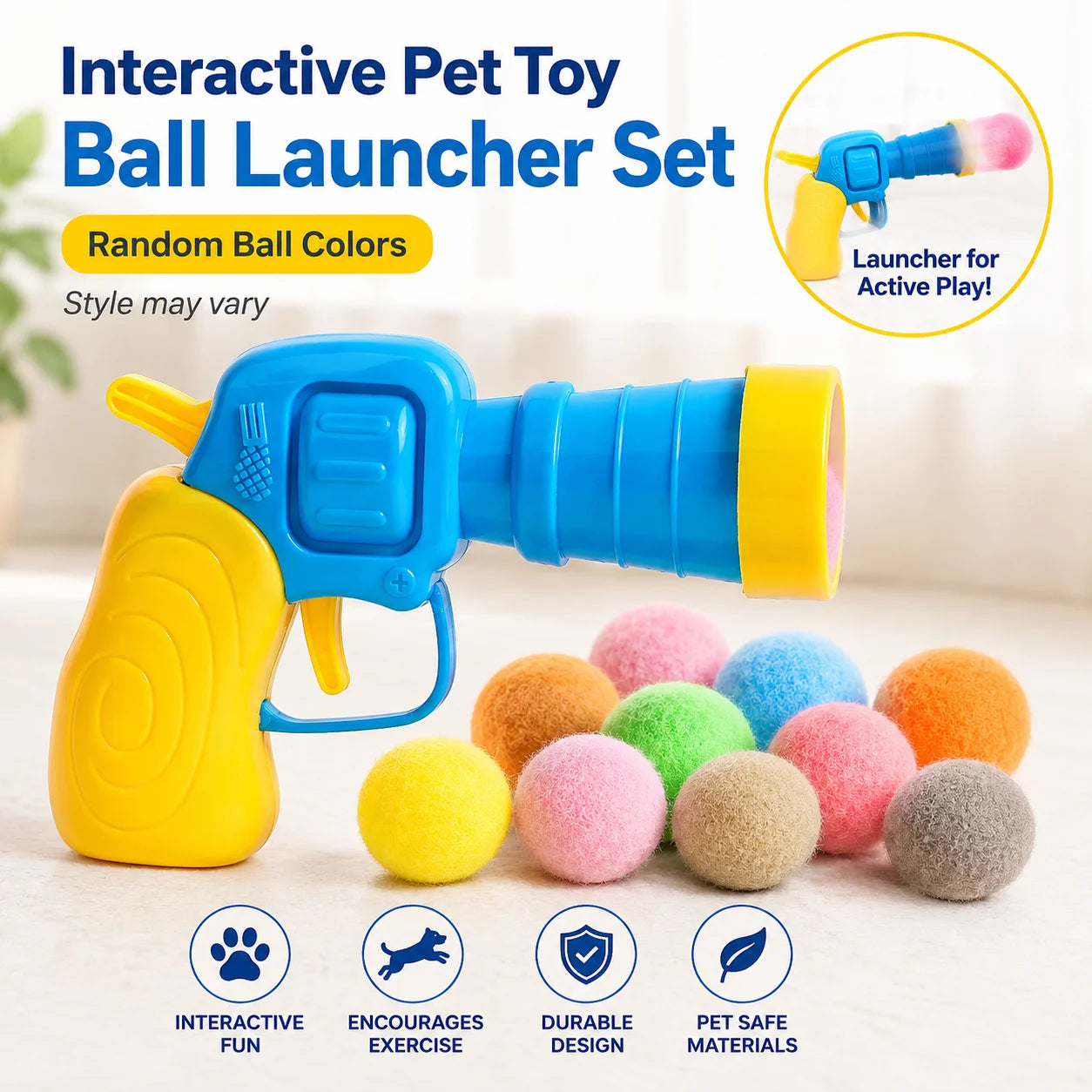 Interactive Cat Toy Pom Pom Ball Launcher Quiet Fuzzy Ball Shooter Indoor Chase Play Kit with 100 Colorful Soft Balls for Cats