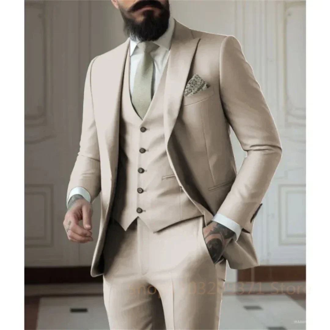 3 Pieces Beige Suits Men Suits Wedding Wear Business Male Groom Wedding Dress Jacket Vest Pants Set Blazers Man