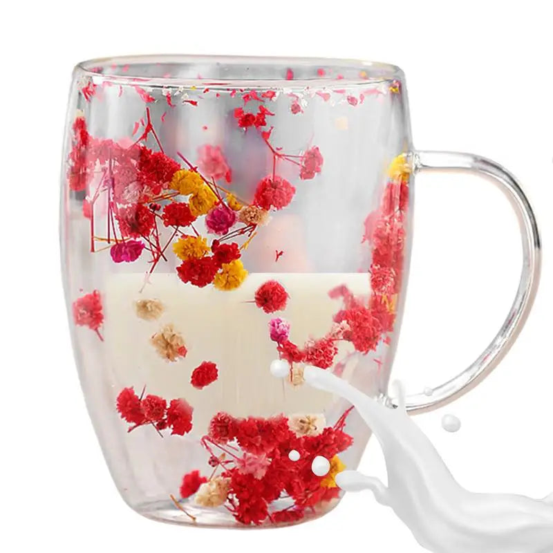 Insulated Layer Flowers Coffee Cup Double Walled Glass Coffee Mug Handle Anti-Scald Glass Mugs Dried Flowers Heat Insulation cup