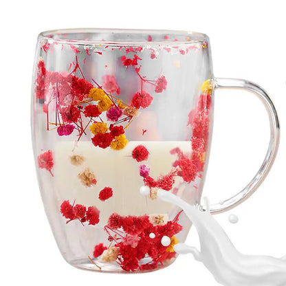 Insulated Layer Flowers Coffee Cup Double Walled Glass Coffee Mug Handle Anti-Scald Glass Mugs Dried Flowers Heat Insulation cup