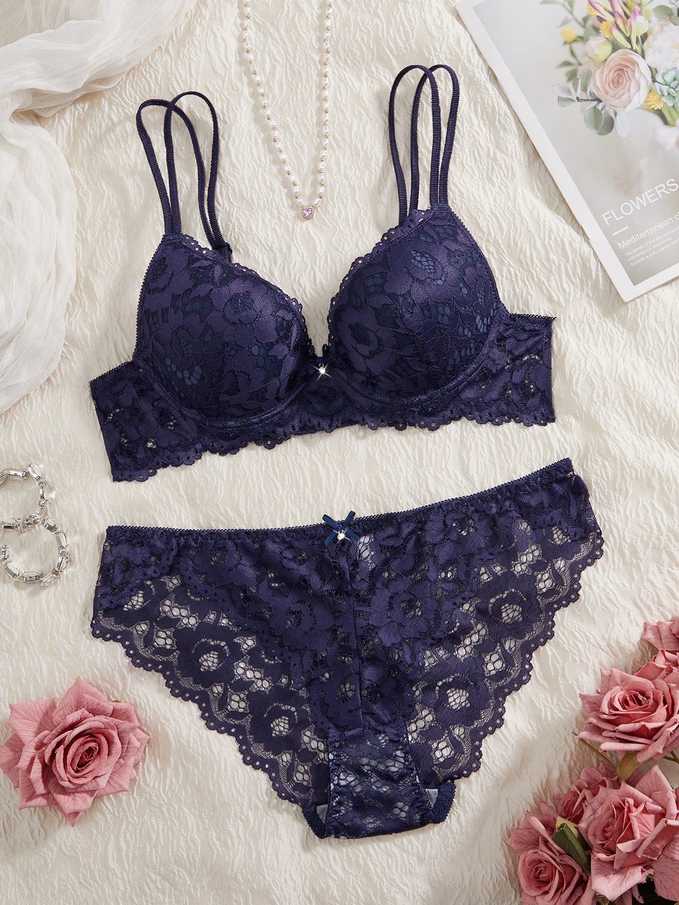 6-Piece Set Women's Underwear Set Sexy Patterned Lace Patchwork No Lining Comfortable Fitting Women's Push-Up Bra Sexy Lingerie