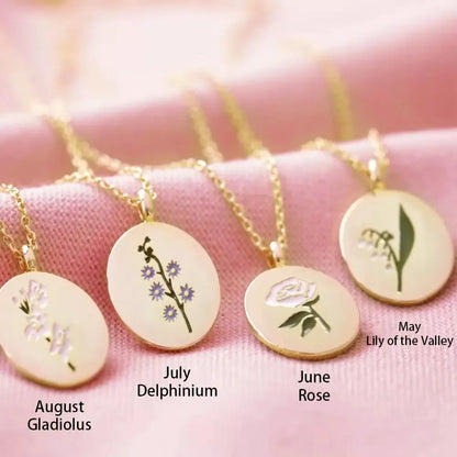 Vintage Birth Month Flower Necklace for Women Stainless Steel Geometric Floral Oval Pendant Clavicle Chain Mothers Day Jewerly