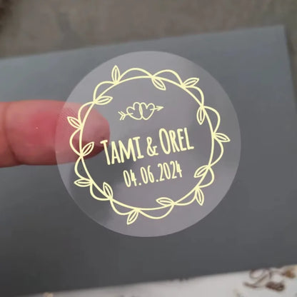 50pcs Custom Transparent Wedding Stickers, Square Transparent Stickers, Personalized Wedding Stickers with Gold Foil Labels