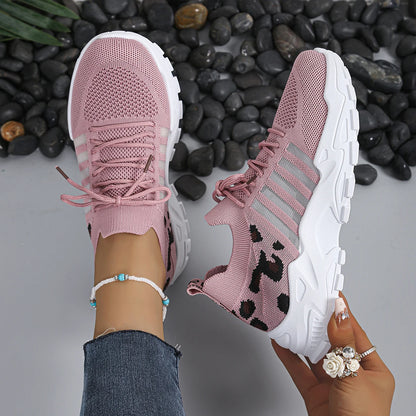 Leopard Print Knit Women's Sneakers Breathable Mesh Lace Up Casual Walking Shoes Non-Slip Thick Sole Fashion Sport Trainers for