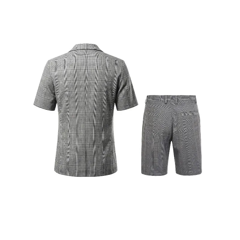 KIDWHXR Men Summer Suit Outfit British Style Plaid Short Sleeve Male 2-piece Set Loose Comfortable Business Casual Man Suits