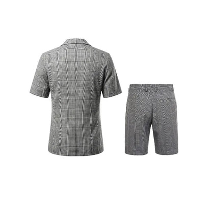 KIDWHXR Men Summer Suit Outfit British Style Plaid Short Sleeve Male 2-piece Set Loose Comfortable Business Casual Man Suits