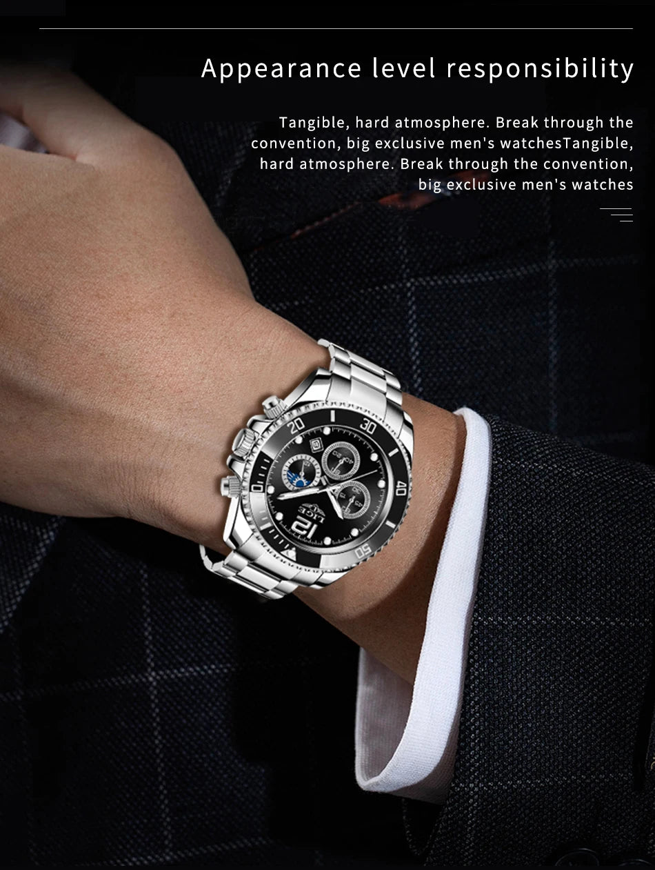 LIGE Outdoor Sport Watch For Men Fashion Military Waterproof Luminous Men Watch Round Stainless Steel Quartz Chronograph Male