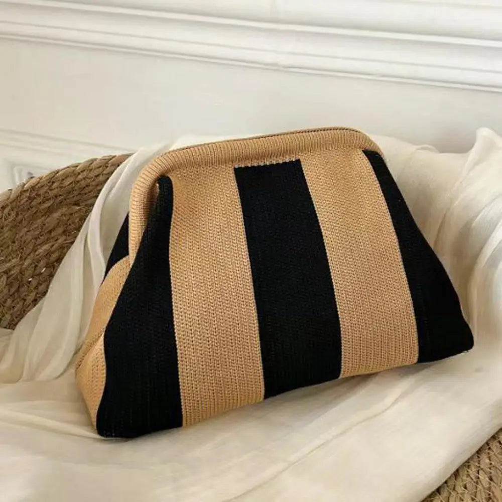 Women's Striped Beach Clutch Bag Versatile Small Woven Crochet Handbags Purses Knitting Dumpling Clutch Casual Bag