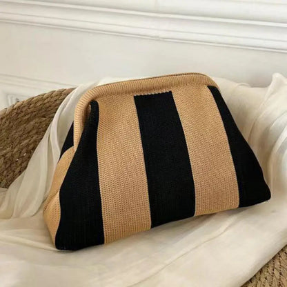 Women's Striped Beach Clutch Bag Versatile Small Woven Crochet Handbags Purses Knitting Dumpling Clutch Casual Bag