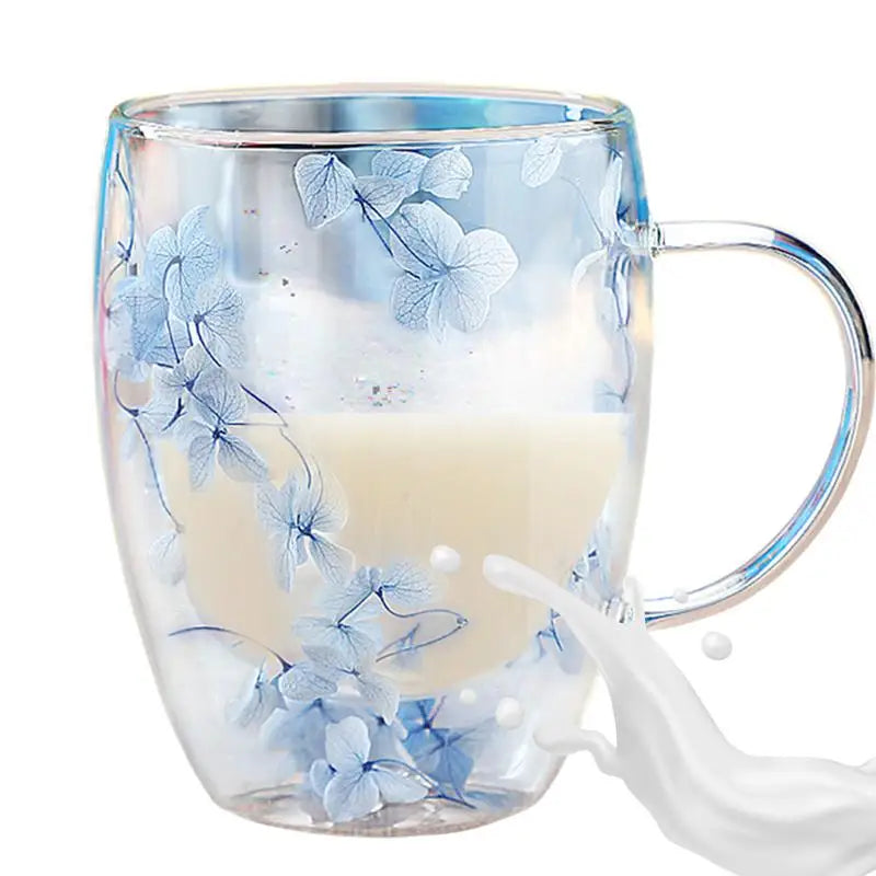 Insulated Layer Flowers Coffee Cup Double Walled Glass Coffee Mug Handle Anti-Scald Glass Mugs Dried Flowers Heat Insulation cup