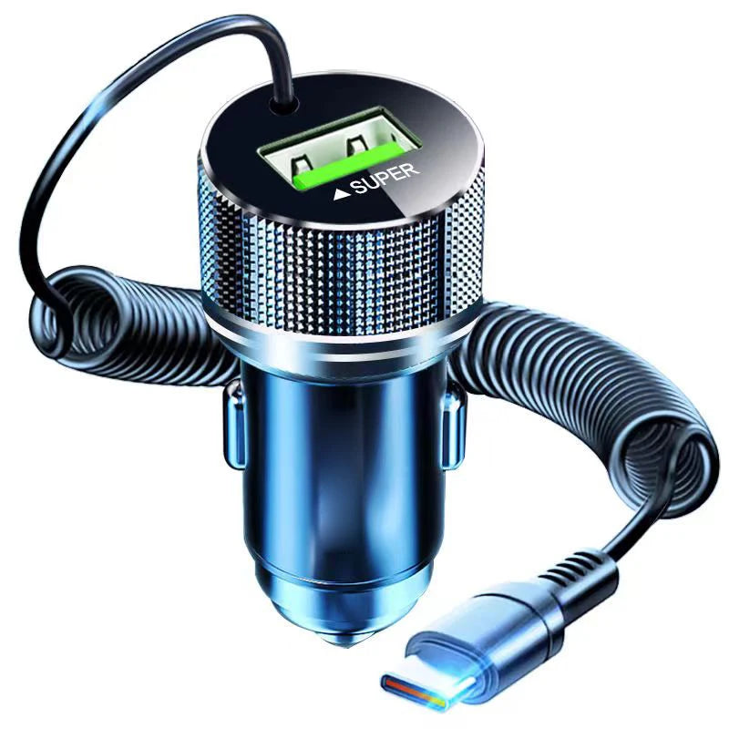 Ładowarka samochodowa EDEBA Metal USB z kablem Type-C 12 V Super szybkie ładowanie, adapter samochodowy 2 w 1 do iPhone'a, Samsunga, Huawei, VIVO, OPPO