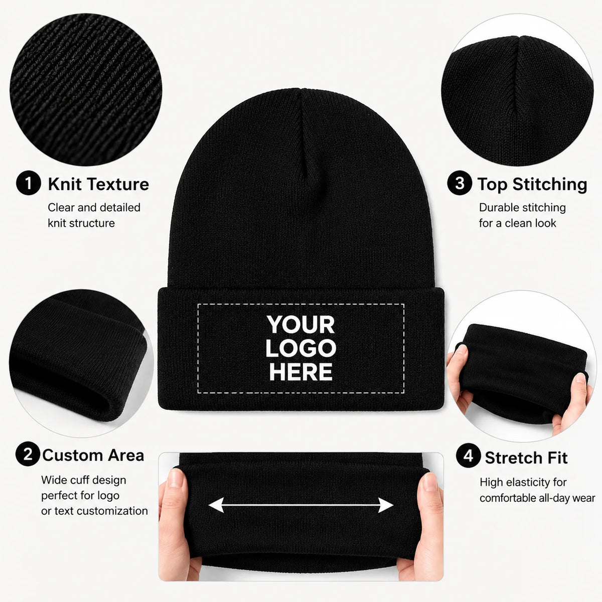 50 custom knit hats, can print personal or team logos, perfect for teams, companies, events, and group gifts
