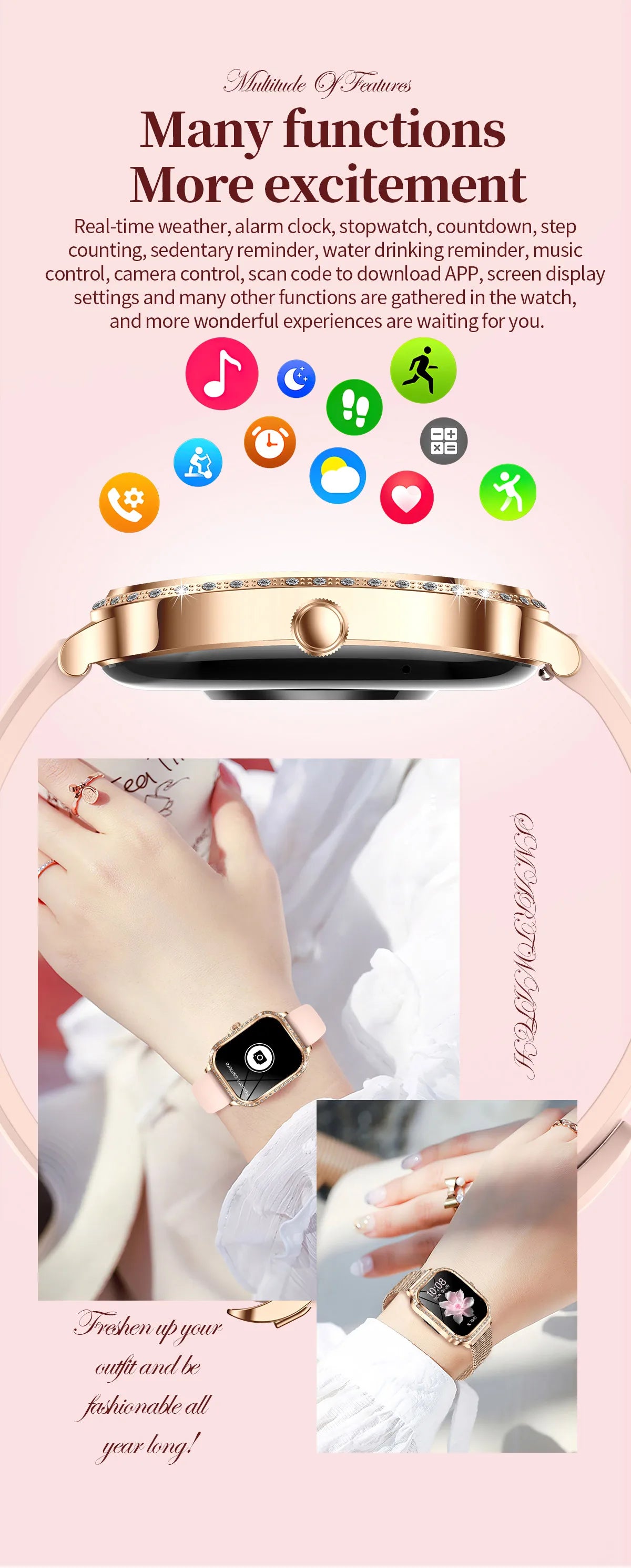 LIGE Fashion Design Women Smart Watch 1.75" Curved Screen Smartwatch Bluetooth Call Clock IP68 Waterproof Diamond Case Bracelet