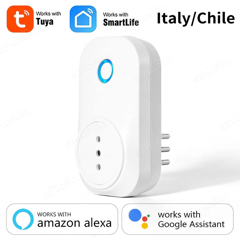 16A Chile Italy Wifi Smart Socket Tuya Smart Life APP Wireless Smart Plug with Power Monitor Timer Voice Works with Alexa Google