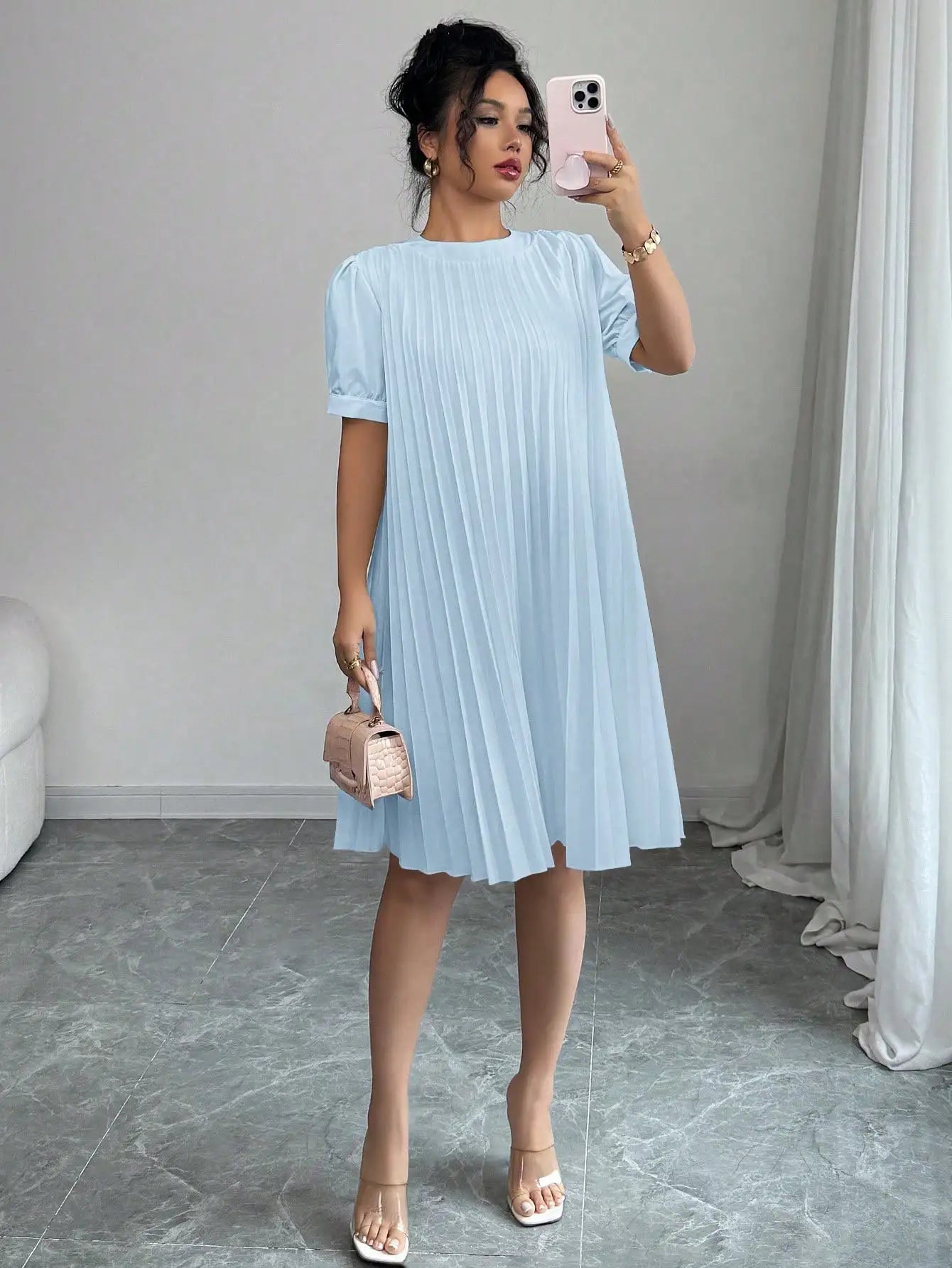 Women's Pure-Color Pleated Puff Sleeve Midi Dress - Elegant Round Neck Loose A-Line Swing Dress for Office, Casual Daily Holiday