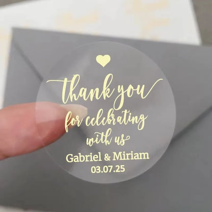 50pcs Custom Transparent Wedding Stickers, Square Transparent Stickers, Personalized Wedding Stickers with Gold Foil Labels