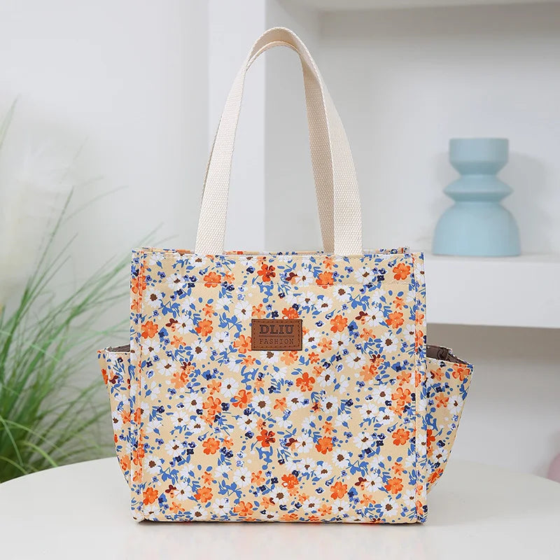 New floral print thickened fabric handbag, lunch bag, portable lunch box storage bag, zipper design, multifunctional tote