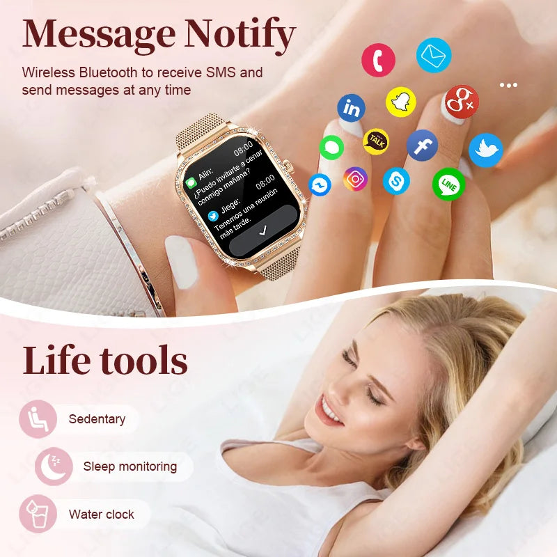 LIGE Fashion Design Women Smart Watch 1.75" Curved Screen Smartwatch Bluetooth Call Clock IP68 Waterproof Diamond Case Bracelet