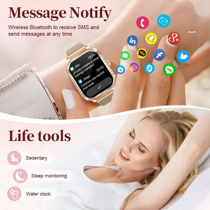 LIGE Fashion Design Women Smart Watch 1.75" Curved Screen Smartwatch Bluetooth Call Clock IP68 Waterproof Diamond Case Bracelet