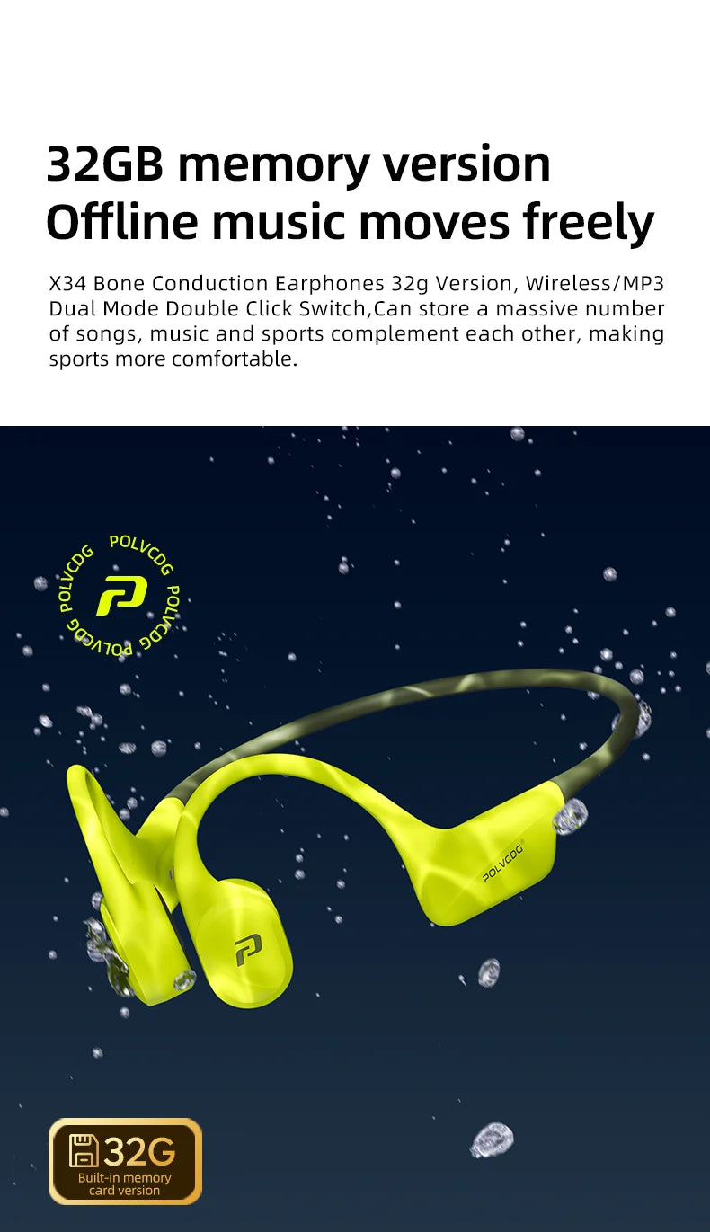 POLVCDG x34 Bone Conduction Swimming Earphones 32GB Memory IPX8 Waterproof Outdoor Trail Running ClimbingRock Climbing Earphones