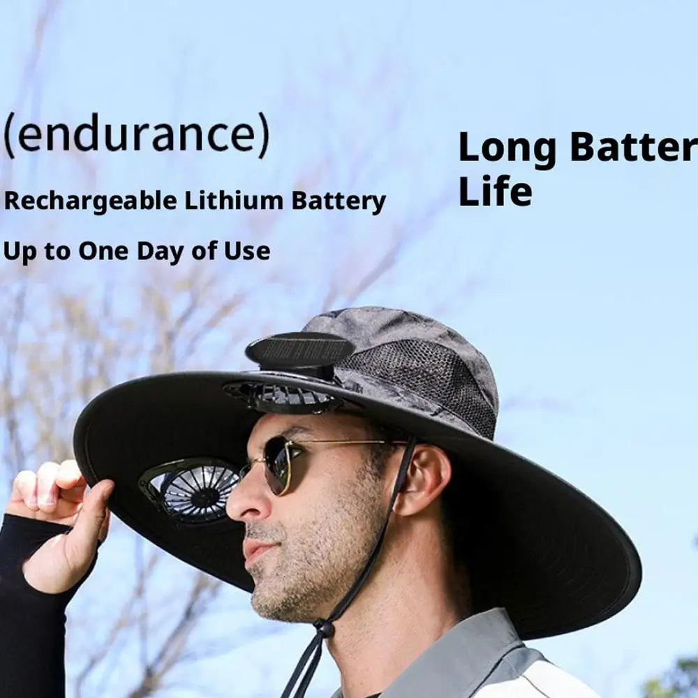 New Multi-Function Solar Fan Sun Hat - Waterproof Fishing Hat with Built-In USB Charging & Wide Brim for UV/Heat Protection